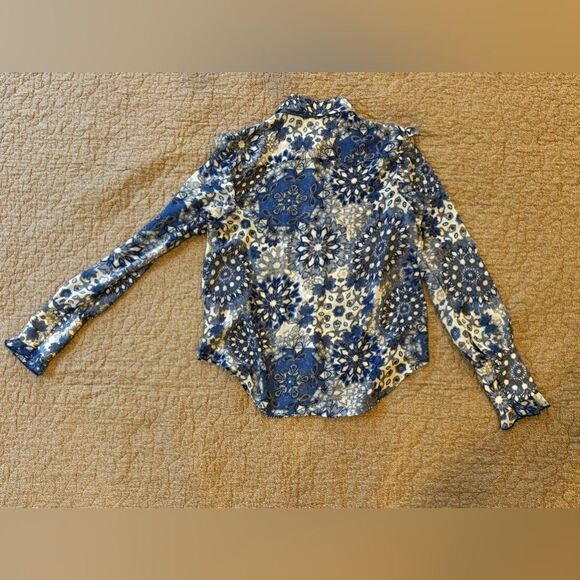 Elie Tahari Semi Sheer Blouse Women's S Blue Print Ruffle Shoulder Top Shirt - Picture 9 of 10